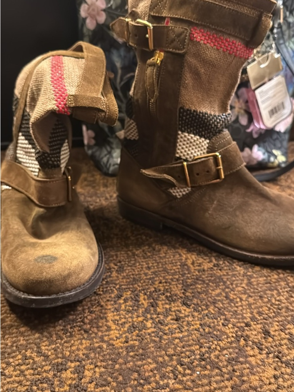 Burberry Brown Suede Men's Mid-Calf Boots with Woven Panels - Picture 2 of 4